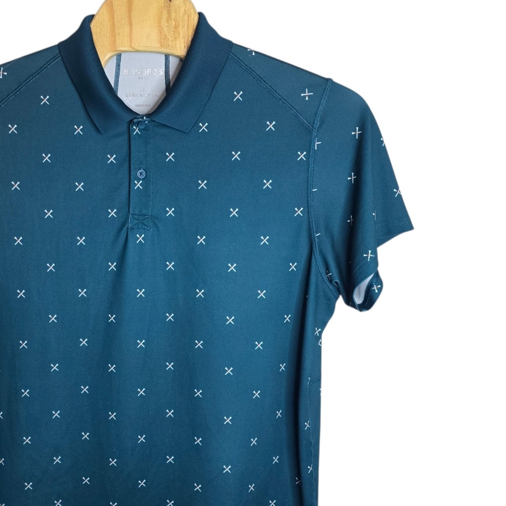 Bonobos Golf M-Flex Polo Shirt‎ Mens XL Teal Blue Crossed Tee Print Standard Fit